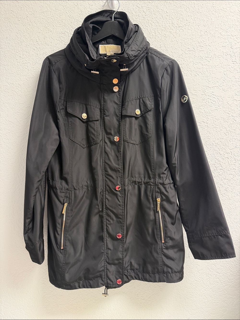 NWOT Michael Kors Black Hidden Hood Utility Jacket Rain with Gold Hardware M